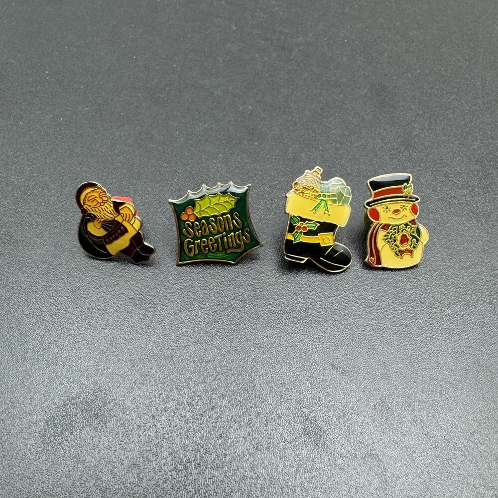 Vintage Christmas Holiday Enamel Lapel Pin Lot Santa Snowman Seasons Greetings